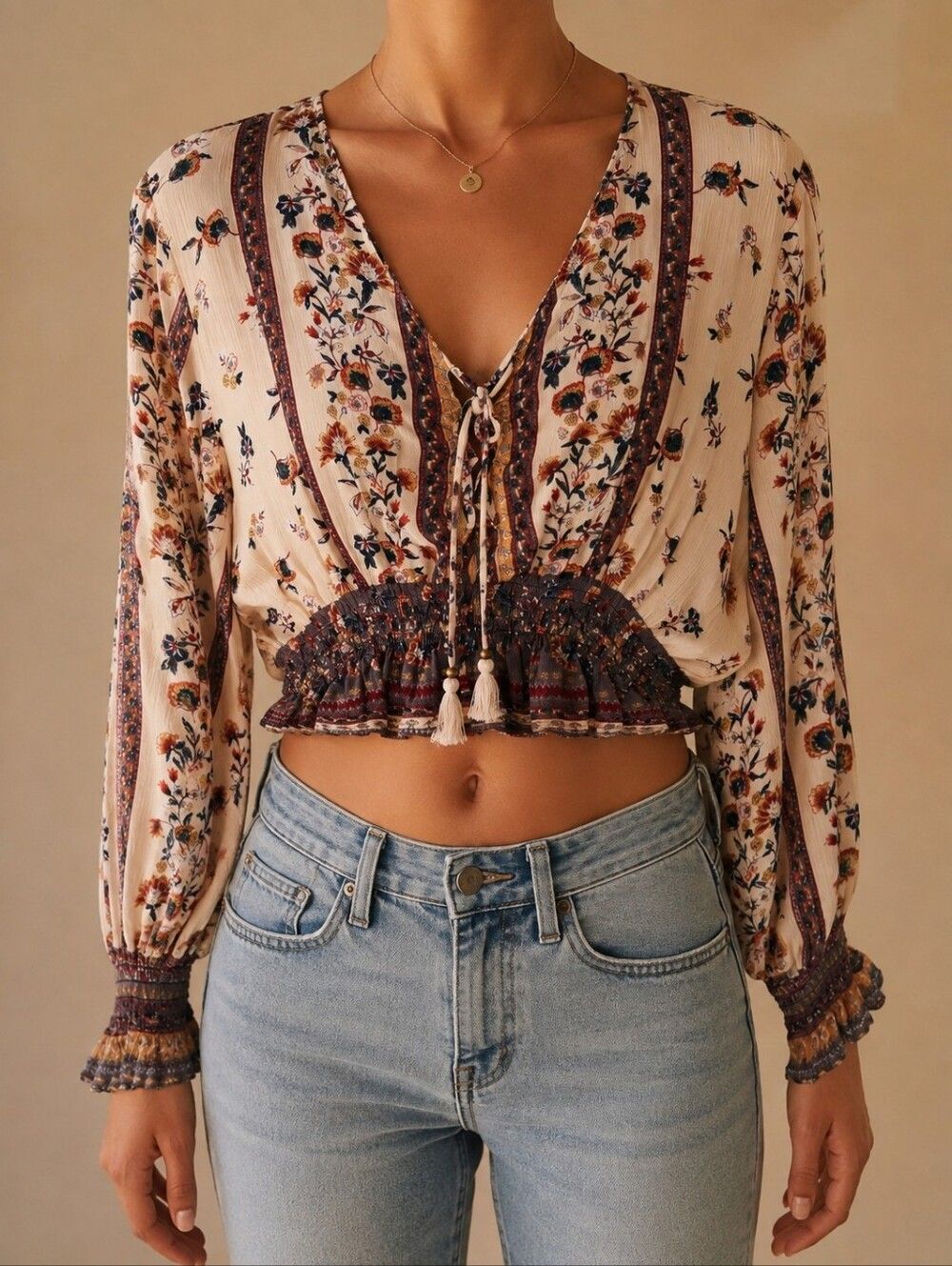 Angie Boho Floral Crop Top Women's Large Smocked Peplum Tie Front Long Sleeve